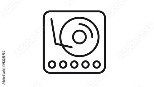 Minimalist black vector icon of a vintage record player or turntable with a vinyl disc and tonearm, isolated on a white background. Perfect for music, audio, and retro-themed graphic designs.