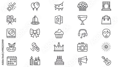 25 Minimalist Black Vector Icon Set Bundle: Collection of Line Art Symbols for Celebration, Business, Music, and Lifestyle including Camera, Cake, Microphone, Crown, Calendar, and Shopping Bag.