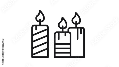Minimalist black line art vector icon of three decorative lit candles with flickering flames and melting wax drips, featuring striped patterns, ideal for celebration, memorial, or spa designs.