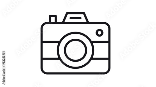 Black line vector icon of a classic photo camera with a lens and shutter button, minimalist digital photography symbol for web design and app interfaces, scalable graphic illustration isolated