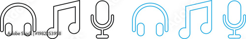 Headphones microphones and musical notes in black and blue colors  audio equipment symbols
