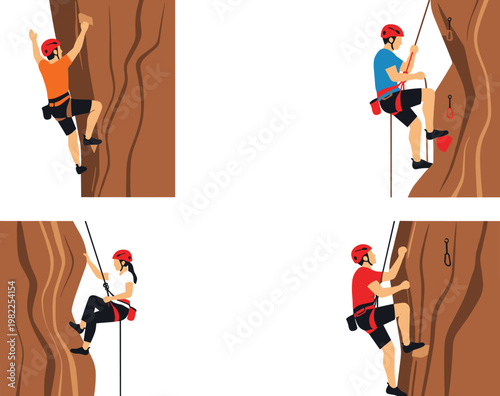 Rock climbing and rappelling vector set featuring climbers with safety gear on steep mountain cliffs for outdoor adventure sports illustration
