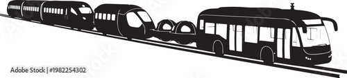 Black, modern tram, train, and trolley vector icons, transportation symbols, urban transit