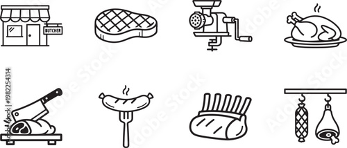 Meat icon set with steak, chicken, beef and food symbols for restaurant, butcher and menu design.