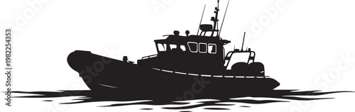 Black silhouette boat, fishing vessel, nautical icon, watercraft