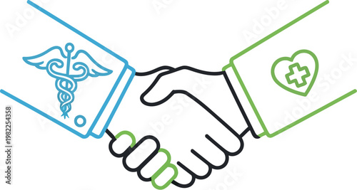 An illustration depicting a medical professional and a healthcare worker shaking hands, symbolizing collaboration, partnership, agreement, and unity within the crucial and vital health industry.