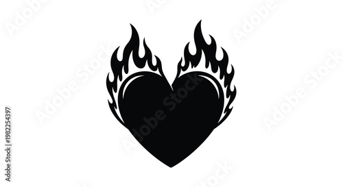 A black heart shape engulfed in stylized flames a striking silhouette