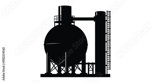 A stark silhouette depicts industrial infrastructure featuring a large spherical tank and supporting structures high quality