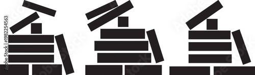 Three black silhouettes of stacked blocks like tower game