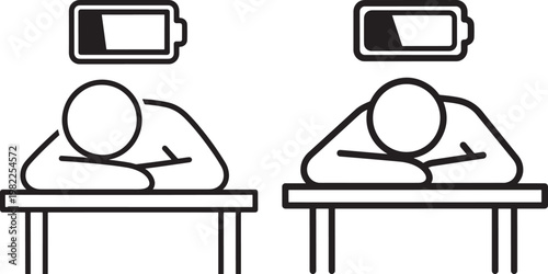 Tired person sleeping on desk with low battery icon