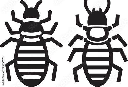 Two black silhouettes of bugs or insects on white background