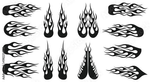 Black flame decals in various shapes and sizes for stickers and tattoos