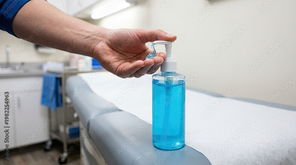 Obraz premium Hand sanitizer pump bottle blue hygiene clinic hand dispensing blue sanitizer from clear pump bottle on exam table in medical clinic room, infection control concept, clean healthcare environment