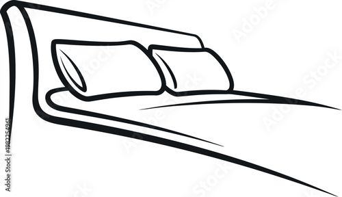 Minimalist black and white line art illustration of a cozy bed with a distinct headboard and two soft pillows, symbolizing rest, comfort, and peaceful sleep for various design projects.