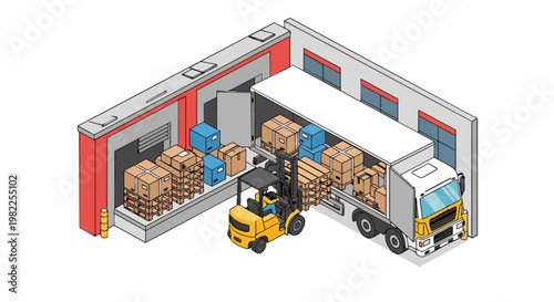 Isometric Warehouse Logistics Illustration with Forklift Loading Delivery Truck at Dock