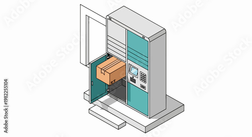 Isometric Smart Parcel Locker with Open Door and Cardboard Box Package for E-commerce Logistics