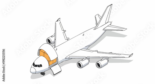 Isometric Cargo Plane Illustration with Open Nose Loading Cardboard Boxes for Air Freight Logistics and Global Shipping Services on White Background