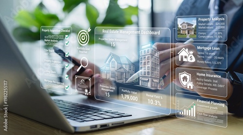 A person analyzing real estate data on a laptop with a transparent dashboard