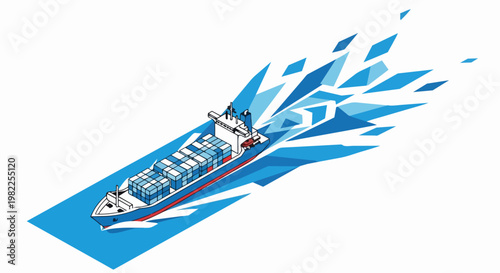 Isometric Vector Illustration of a Fast Moving Cargo Container Ship for Global Logistics and Shipping Concept
