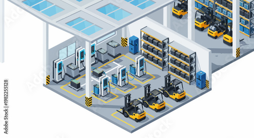 Isometric Electric Forklift Battery Charging Station and Warehouse Storage Facility
