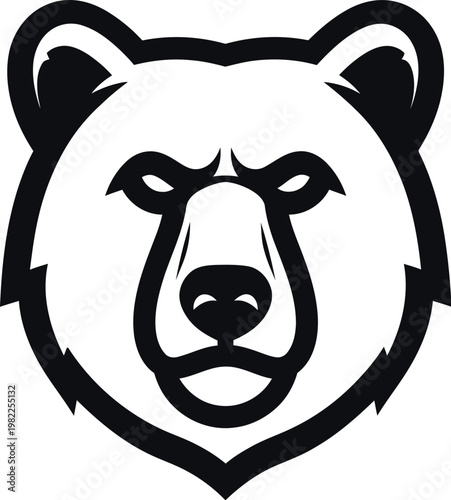 A bold and stylized black and white graphic illustration featuring a strong grizzly bear face perfect for sports team logos or iconic brand identity designs