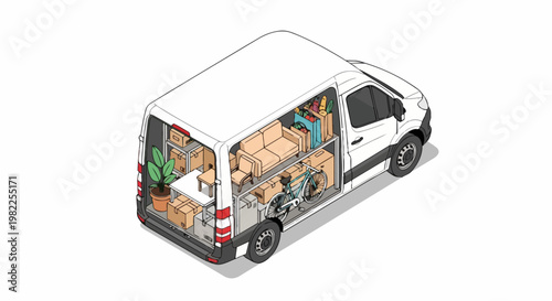 Isometric White Delivery Van Packed with Furniture and Boxes for Moving Service and Logistics Illustration
