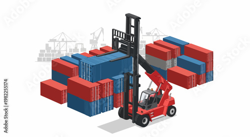 3D Isometric Illustration of a Reach Stacker Lifting a Shipping Container in a Logistics Hub for Global Trade and Supply Chain Management
