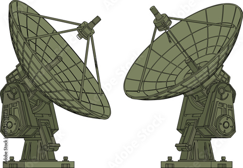 Military green satellite dish vector illustration for global telecommunications technology and space communication systems isolated on white background