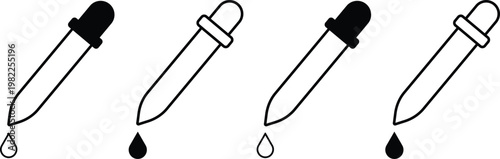 Four dropper bottles with different caps and droppings  medical tools