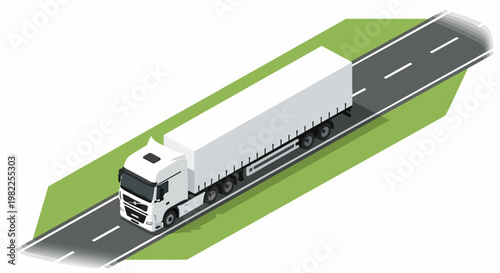 Isometric White Semi-Truck on Highway Road - 3D Logistics and Freight Transport Illustration