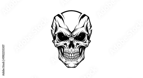 Detailed skull illustration in bold black and white on clean white background