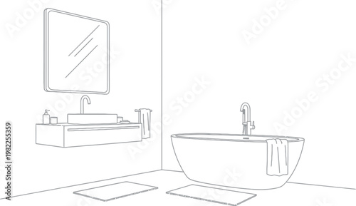Modern minimalist bathroom interior design featuring a sleek floating vanity with square mirror and a luxury freestanding white bathtub with a towel draped on side