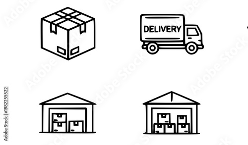A set of minimalist icons depicting delivery and storage concepts