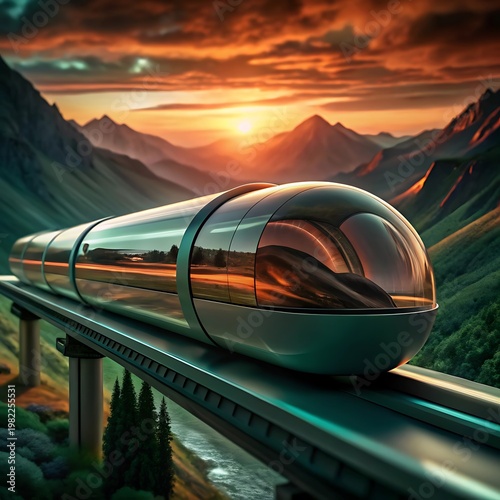 Futuristic highspeed train traveling through a scenic mountain valley at sunset