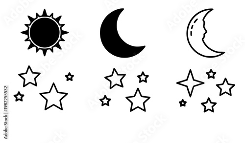 A minimalist vector graphic illustration of celestial bodies and stars
