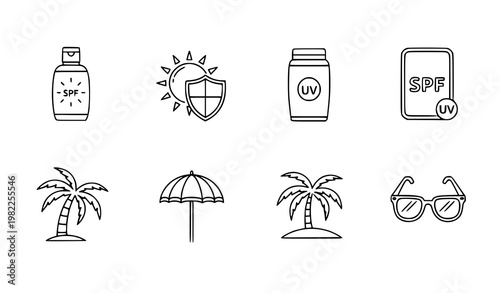 A set of minimalist icons representing summer and sun protection