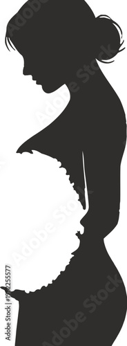 Beautiful pregnant woman silhouette standing in profile with a glowing neon heart symbol on her belly representing the love for her growing unborn baby inside