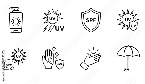 A set of vector icons illustrating sun protection and SPF concepts