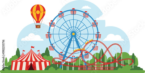 Honey bee flying icon in flat cartoon style and amusement park landscape with ferris wheel roller coaster circus tent and hot air balloon vector illustration