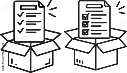 Checklist in open box signifying tasks completed, order shipped