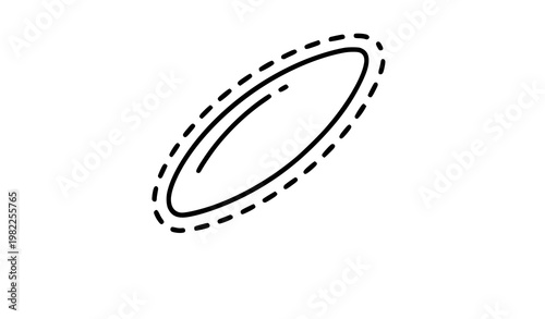 A minimalist vector graphic of a dashed oval shape in black lines