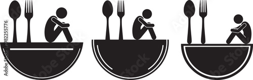 Sad person sitting in bowl with cutlery hunger concept illustration