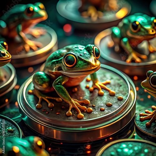Group of stylized green frogs sitting on metallic circular platforms