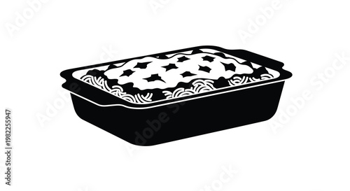 A monochrome illustration depicts a rectangular aluminum baking dish filled with a bubbly casserole high quality