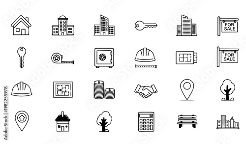 A collection of black and white line art icons related to real estate and construction