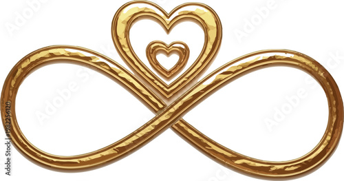 A beautiful golden infinity symbol intricately intertwined with three nested hearts, representing endless love, eternal connection, and boundless affection, isolated on a clean white background.