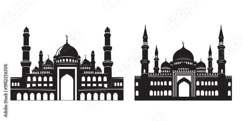 Elegant mosque with grand domes and towering minarets in intricate architectural design