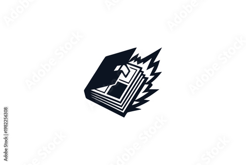 A black and white illustration of a book with flames coming out of it