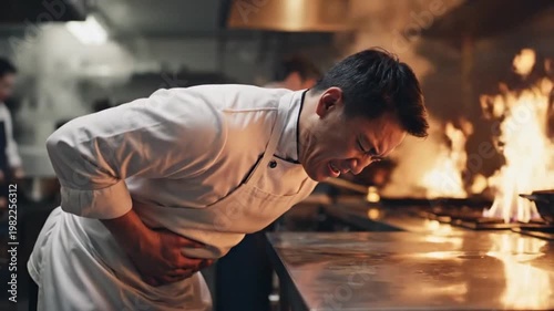 Chef Holding Stomach in Pain while Working in Busy Commercial Kitchen