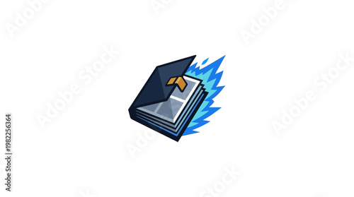 A cartoon book with a blue flame coming out of it